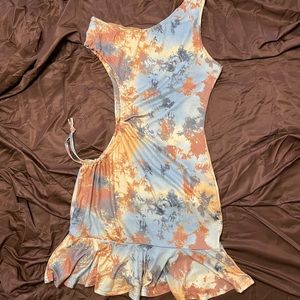 Abstract One Shoulder Tan, Brown and Gray Cut Out Dress